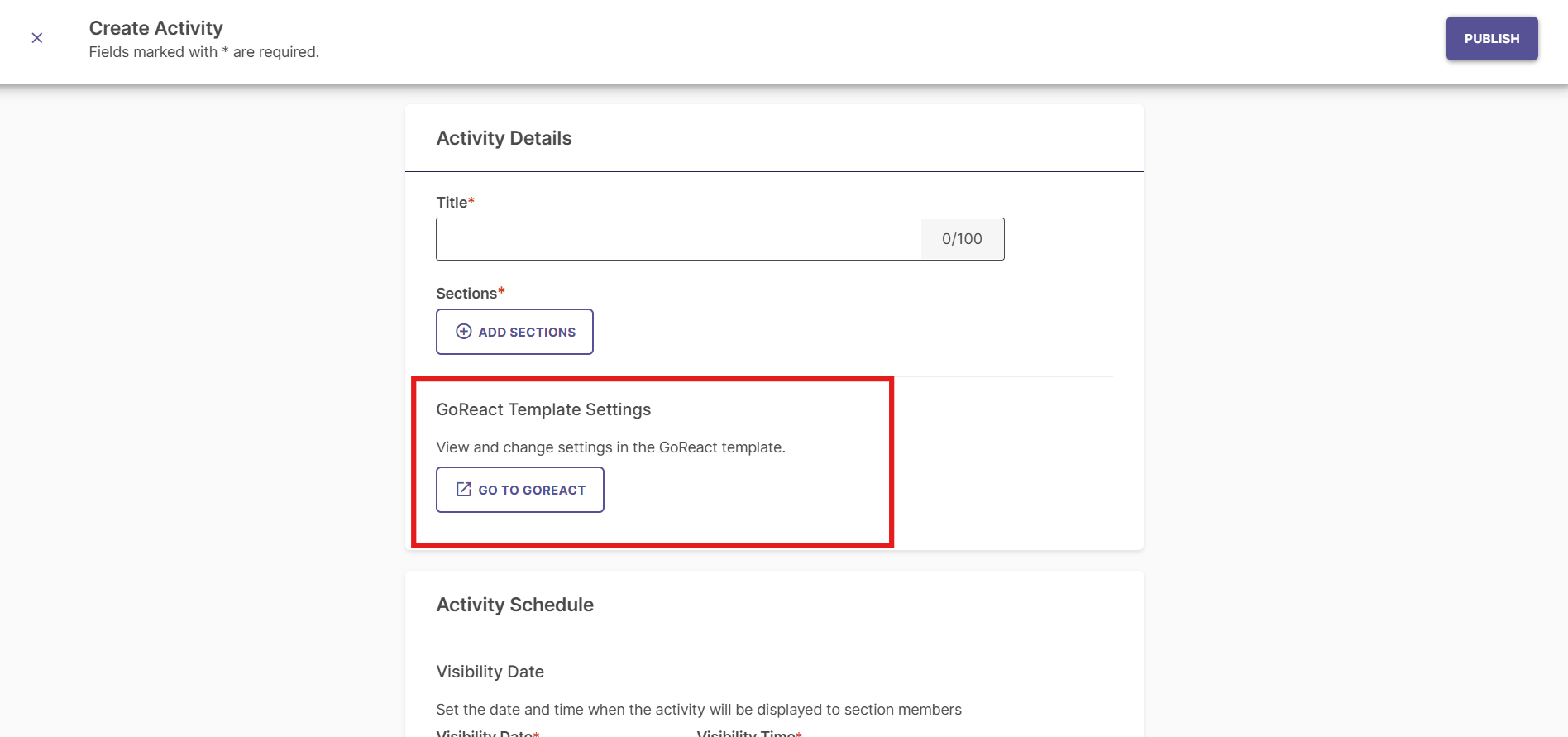 The Create Activity page showing Activity Details with the 'GoReact Teamplate Settings' section highlighted.