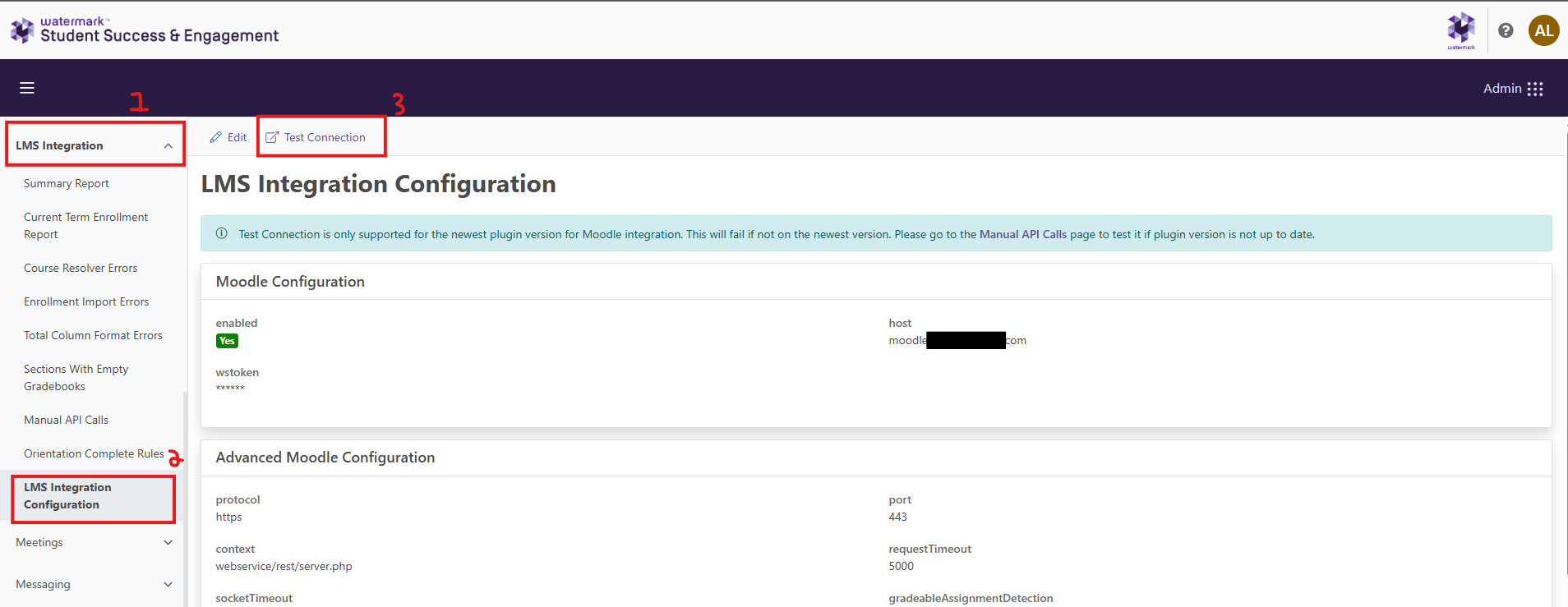 The LMS Integration Configuration page showing the LMS Integration menu and LMS Integration Configuration submenu highlighted in the side panel, and the Test Connection button also highlighted with the Edit Button.