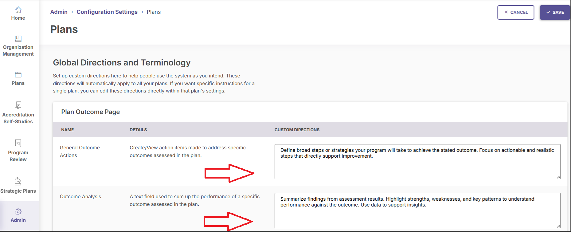 The Plans page showing Global Directions and Terminology section with Plan Outcome Page table. Table showing rows for General Outcome Actions and Outcome Analysis with corresponding text boxes in the Custom Directions column. Two Custom Directions text boxes highlighted.