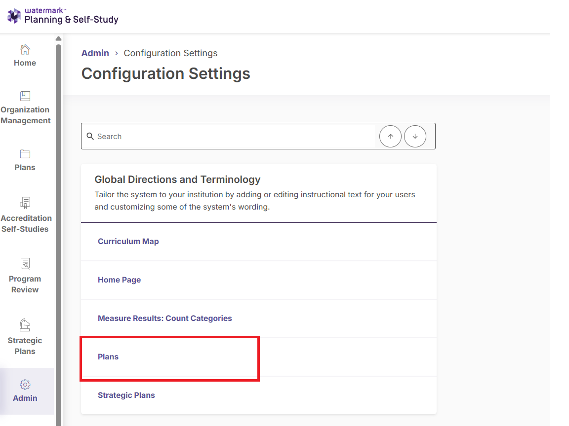 The Configuration Settings page showing Global Directions and Terminology section listing items including Curriculum Map, Home Page, Measure Results, Plans, and Strategic Plans. Plans item highlighted.