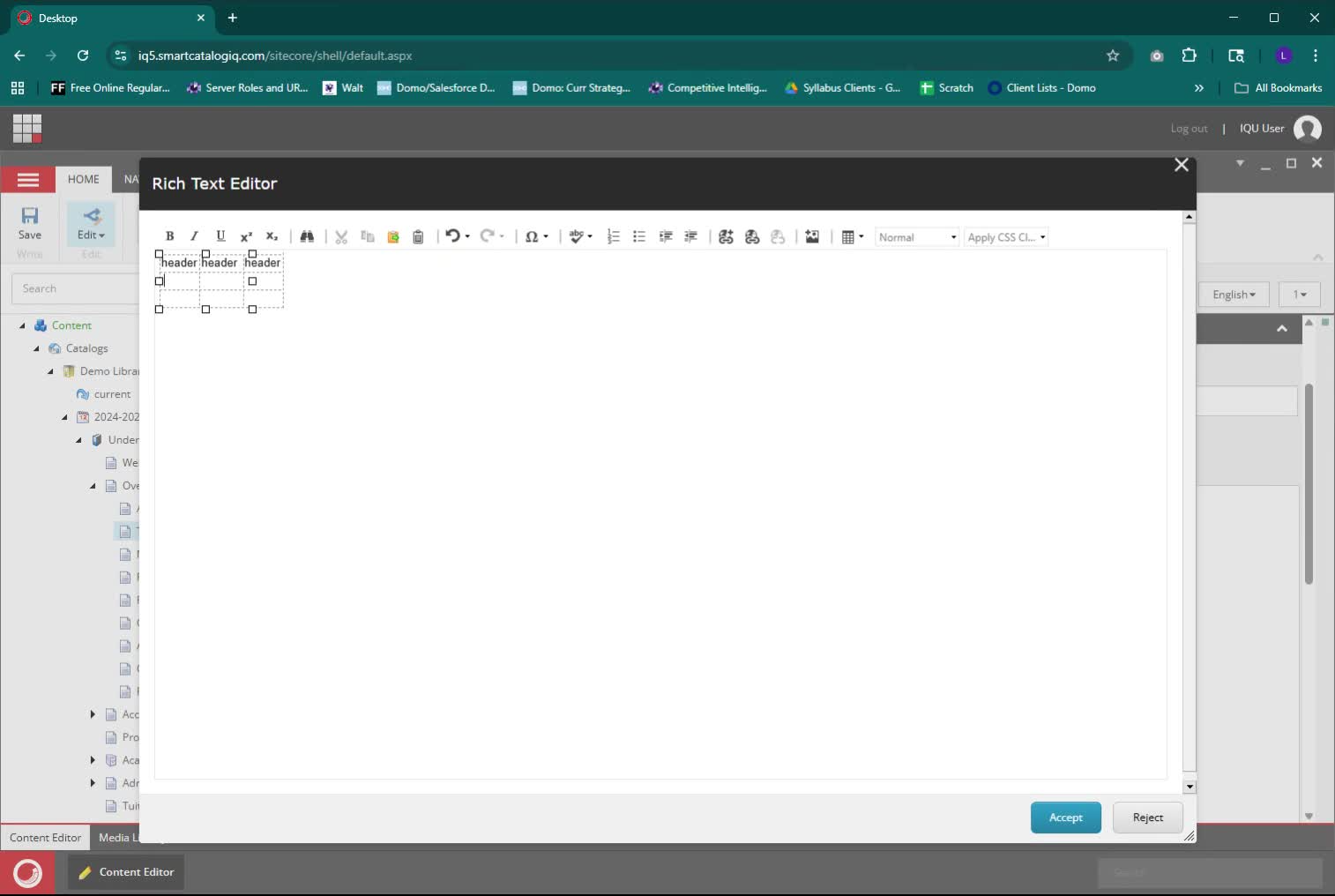 Rich Text Editor window with example of table with headers