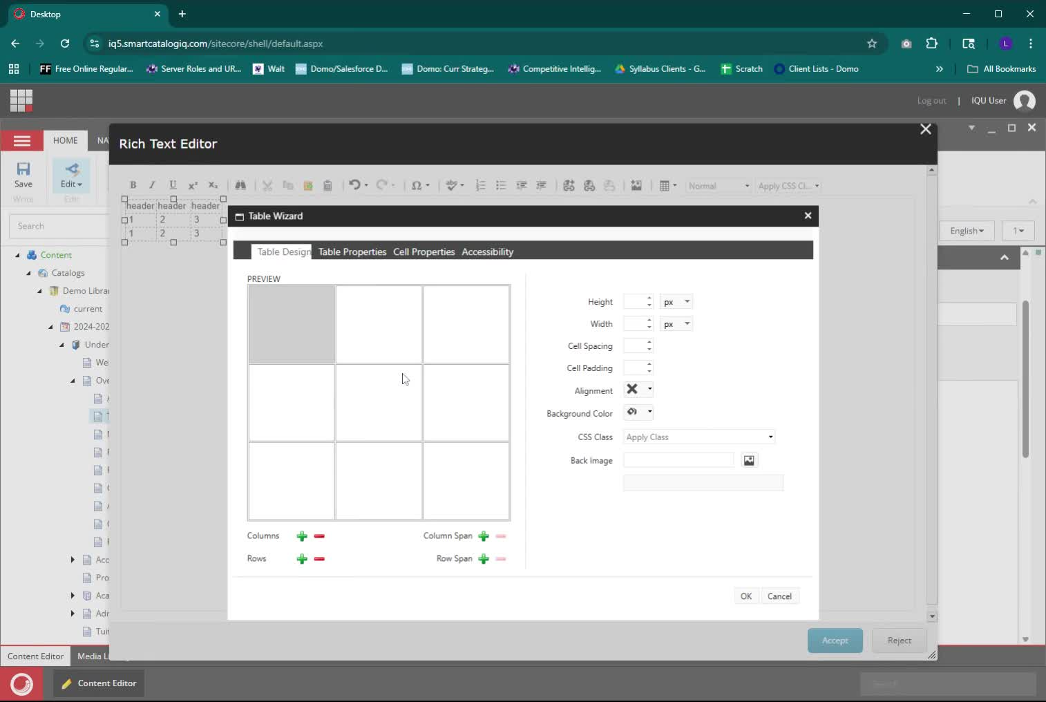 Rich Text Editor window with table properties open