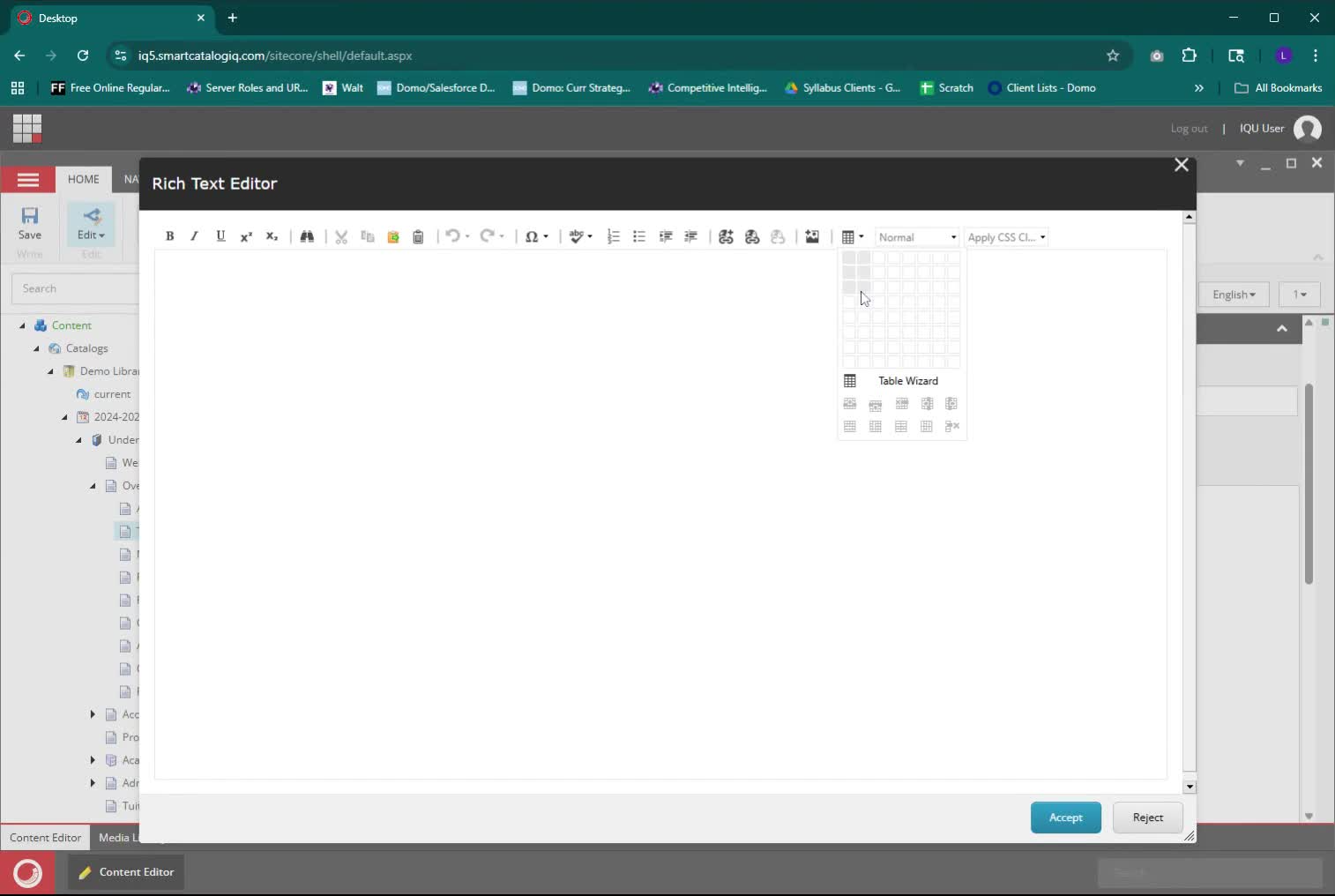 Content Editor Rich Text Editor window with drop down of table selector