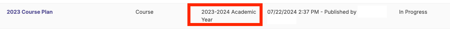 The course plan list showing the '2023-2024 Academic Year' value highlighted in the academic year column.