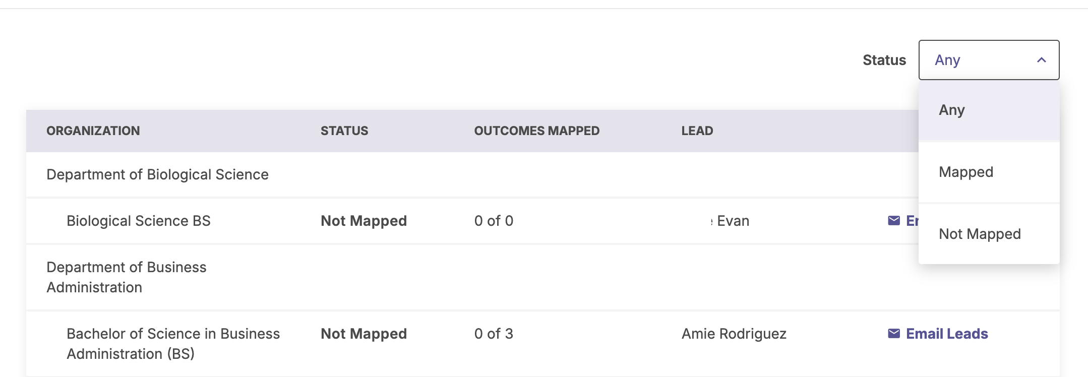 The program mapping drilldown table showing columns for Organization, Status, Outcomes Mapped, and Lead, with the Status filter dropdown highlighted showing options Any, Mapped, and Not Mapped.
