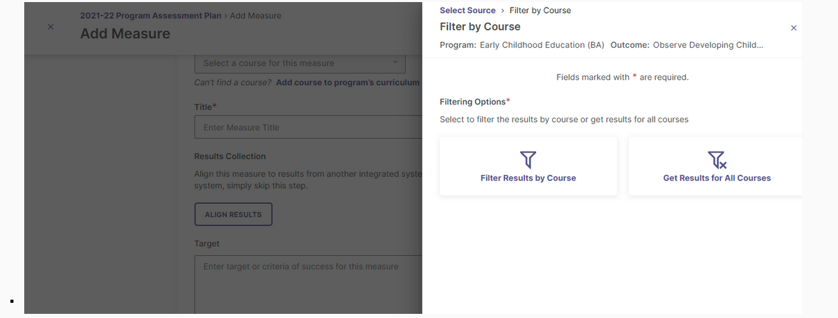 A Filter by Course page with options to filter results by course or get results for all courses, showing required fields and the selected program and outcome.