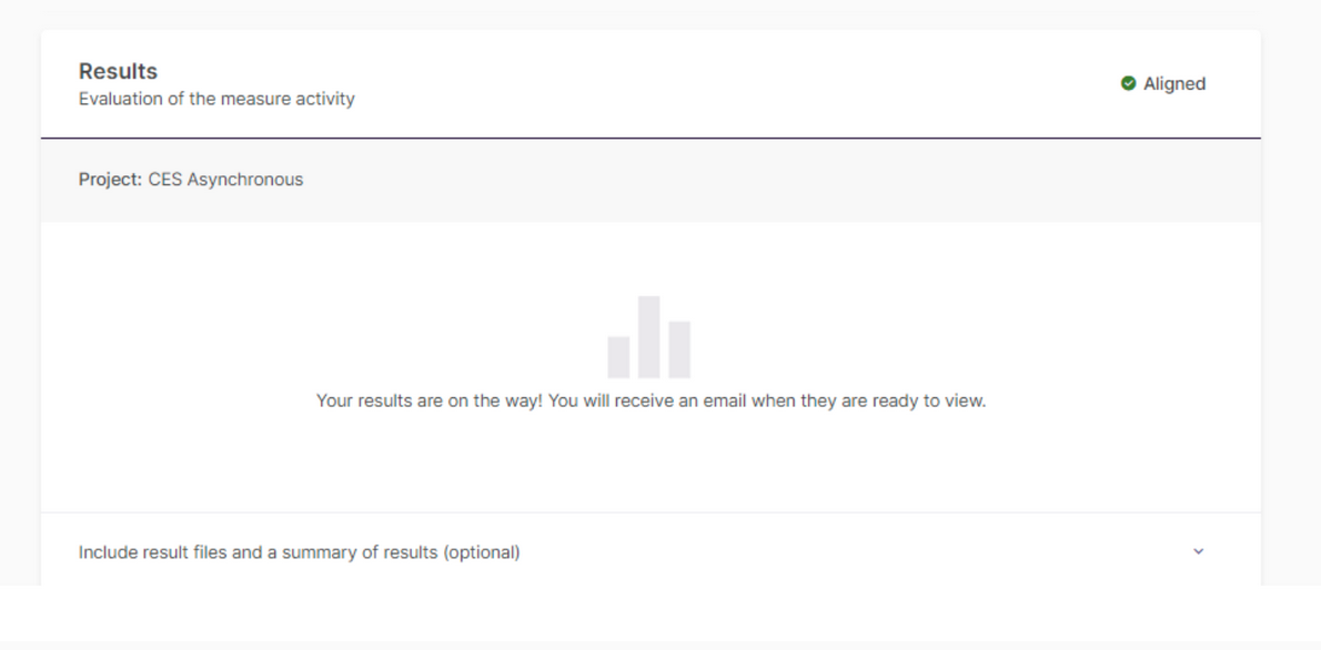 A Results page showing the evaluation of the measure activity with the project set to CES Asynchronous and an aligned status indicator. A message states that the results are on the way and will be available by email when ready, with an option to include result files and a summary of results.