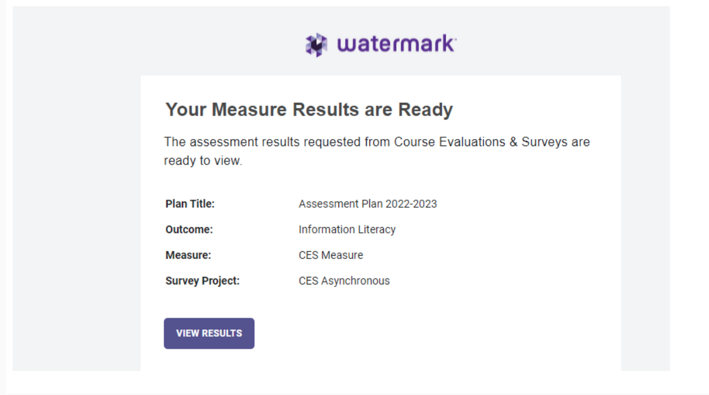 A notification page stating that measure results are ready, showing details including the plan title Assessment Plan 2022‑2023, the outcome Information Literacy, the measure CES Measure, and the survey project CES Asynchronous, with an option to view results.
