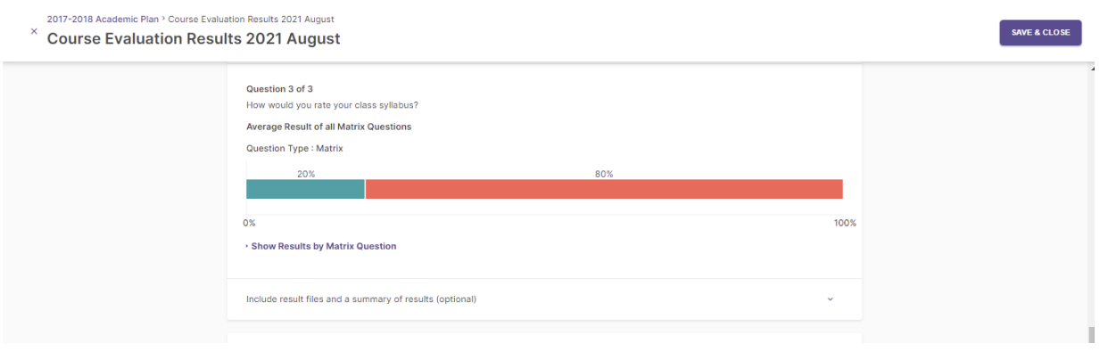 A Course Evaluation Results page for 2021 August showing Question 3 on rating the class syllabus, with a matrix‑type result bar indicating 20% and 80%. A link is provided to show results by matrix question, along with an option to include result files and a summary of results.