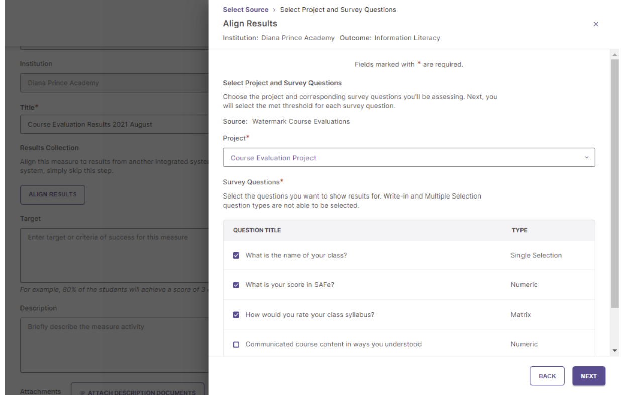 An Align Results page with fields for selecting a project and survey questions. The project dropdown is set to Course Evaluation Project, and the survey questions list includes options such as What is the name of your class?, What is your score in SAFe?, How would you rate your class syllabus?, and Communicated course content in ways you understood with back and next button.