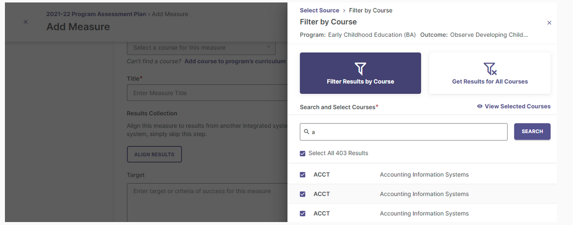 A Filter by Course page with a search field, a list of selectable courses, and options to filter results by course or get results for all courses. The list shows multiple ACCT courses with checkboxes and a Select All option.