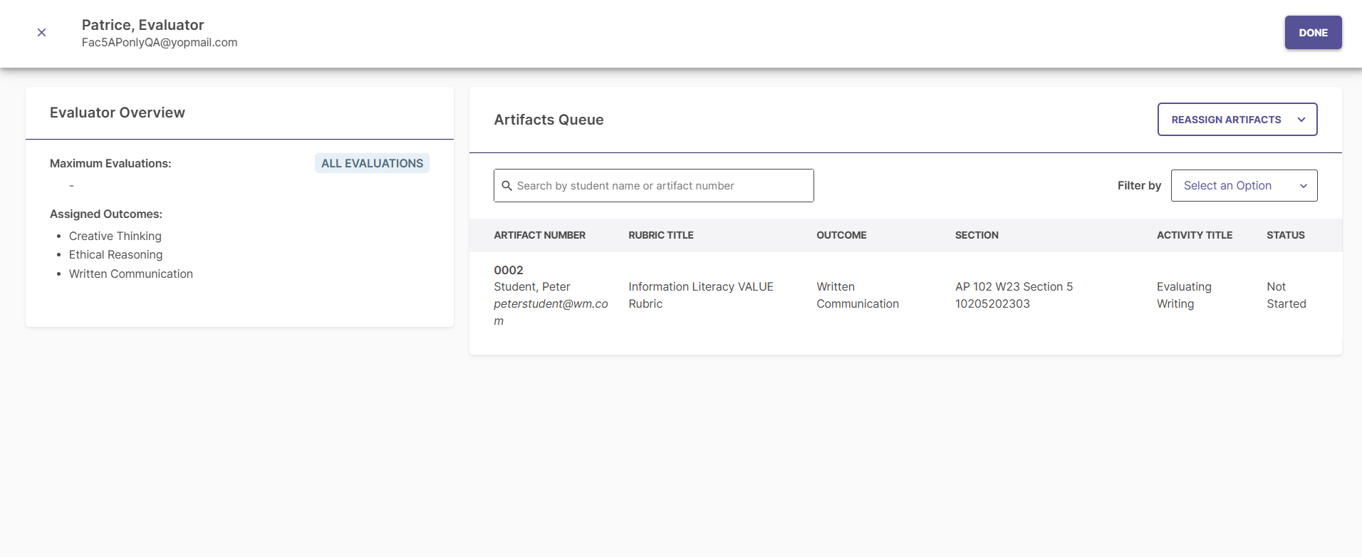 The evaluator detail page showing Evaluator Overview with Maximum Evaluations and Assigned Outcomes. The Artifacts Queue section showing search and filter fields and showing one artifact row with activity title Evaluating Writing and status Not Started.
