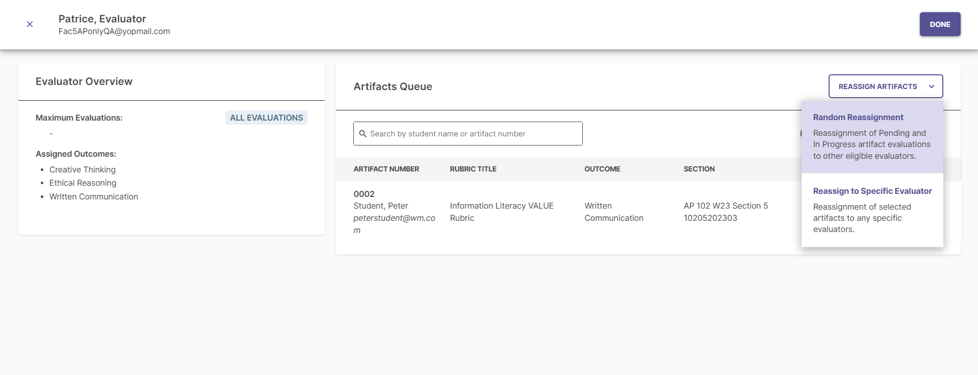 The evaluator detail page showing Evaluator Overview with Maximum Evaluations and Assigned Outcomes. The Artifacts Queue section showing one artifact row with outcome Written Communication and activity title Evaluating Writing. The Reassign Artifacts menu showing options Random Reassignment and Reassign to Specific Evaluator, with the Random Reassignment option highlighted.