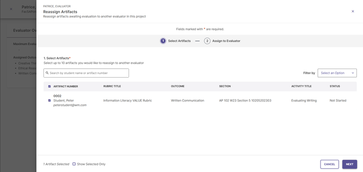 The Reassign Artifacts page showing step 1 Select Artifacts with one artifact row listing student name, rubric title, outcome, section, activity title, and status. The Cancel and Next buttons showing at the bottom.