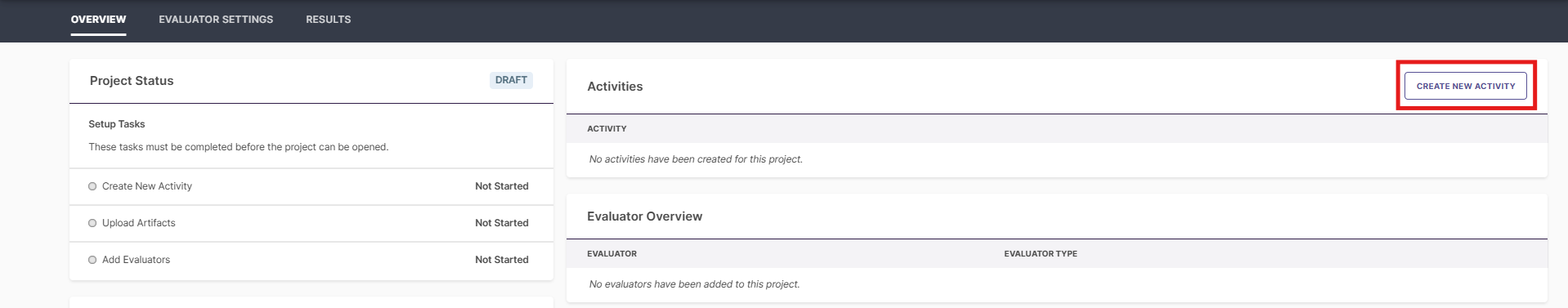 A Project Overview page showing project status with setup tasks, an empty Activities section, and an Evaluator Overview section, with the Create New Activity button highlighted.