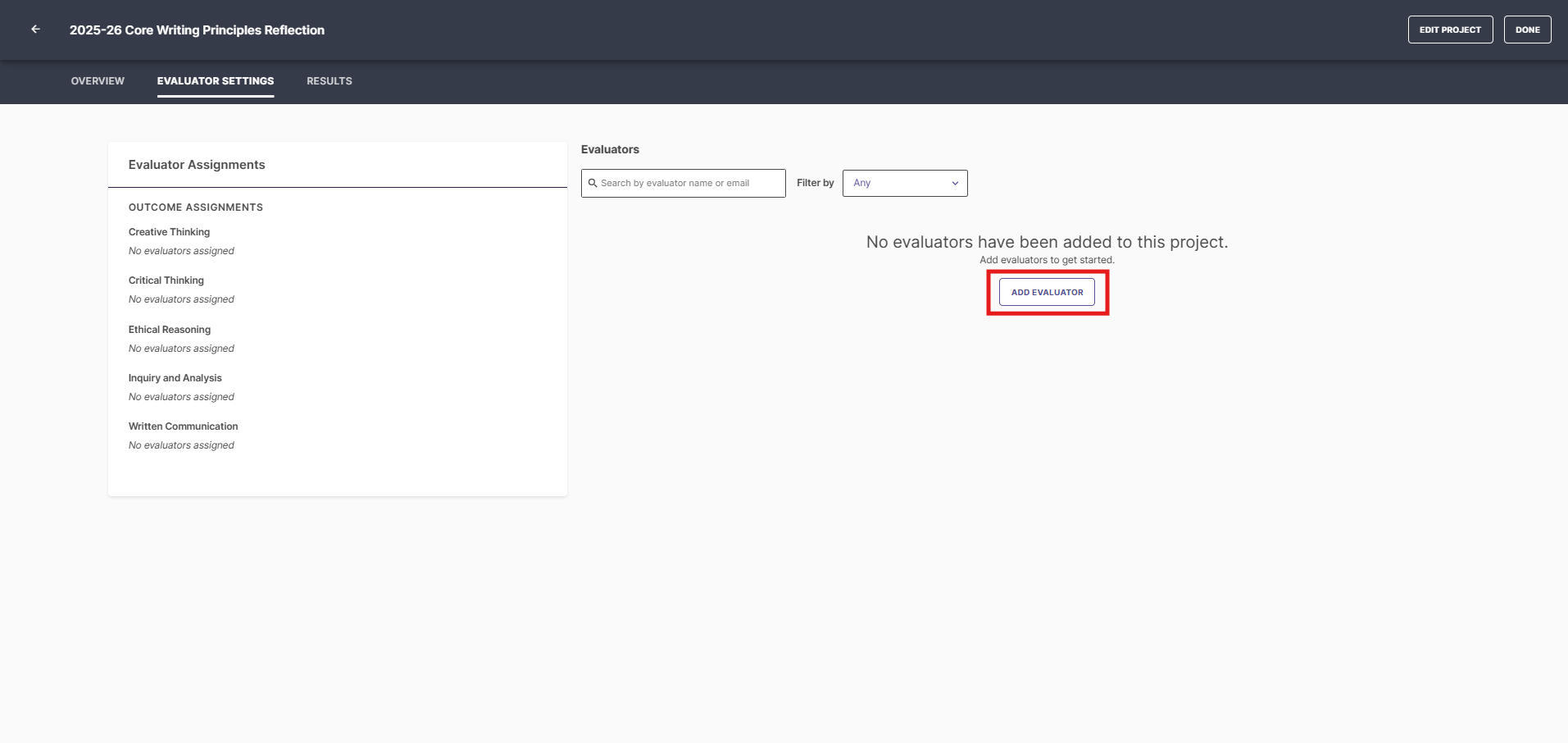 The Evaluator Settings page showing Outcome Assignments list with all outcomes displaying 'No evaluators assigned.' Evaluators panel on the right showing search box, filter menu, and message indicating no evaluators added. Add Evaluator button highlighted.