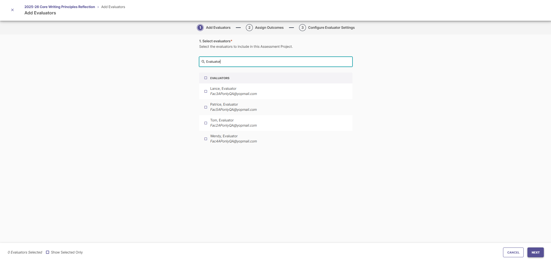 The Add Evaluators step showing search field for evaluators and list of evaluator names with checkboxes. Navigation bar shows steps Add Evaluators, Assign Outcomes, and Configure Evaluator Settings. Next and Cancel buttons appear at the bottom.