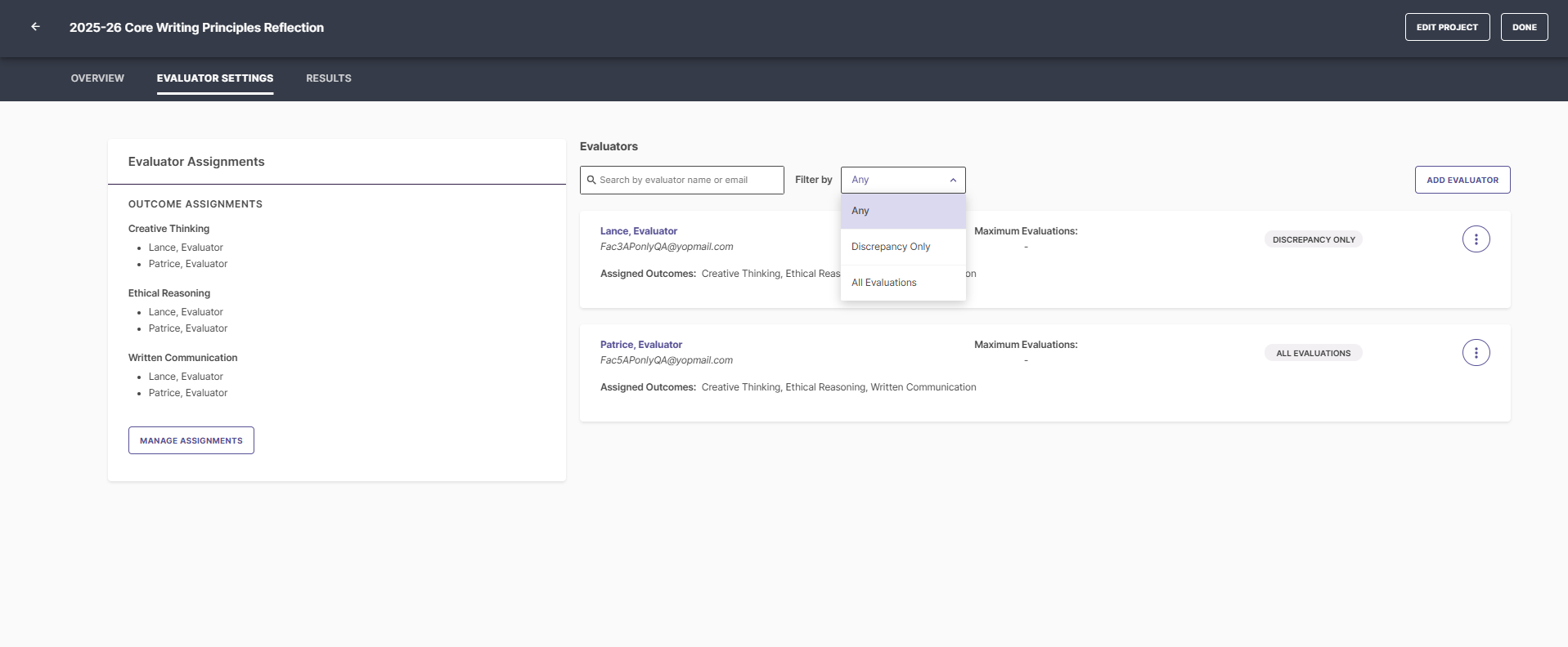 The Evaluator Settings page showing Outcome Assignments list with assigned evaluators under Creative Thinking, Ethical Reasoning, and Written Communication. Evaluators panel on the right showing search box, filter menu with options Any, Discrepancy Only, and All Evaluators, and evaluator cards displaying assigned outcomes and maximum evaluations.