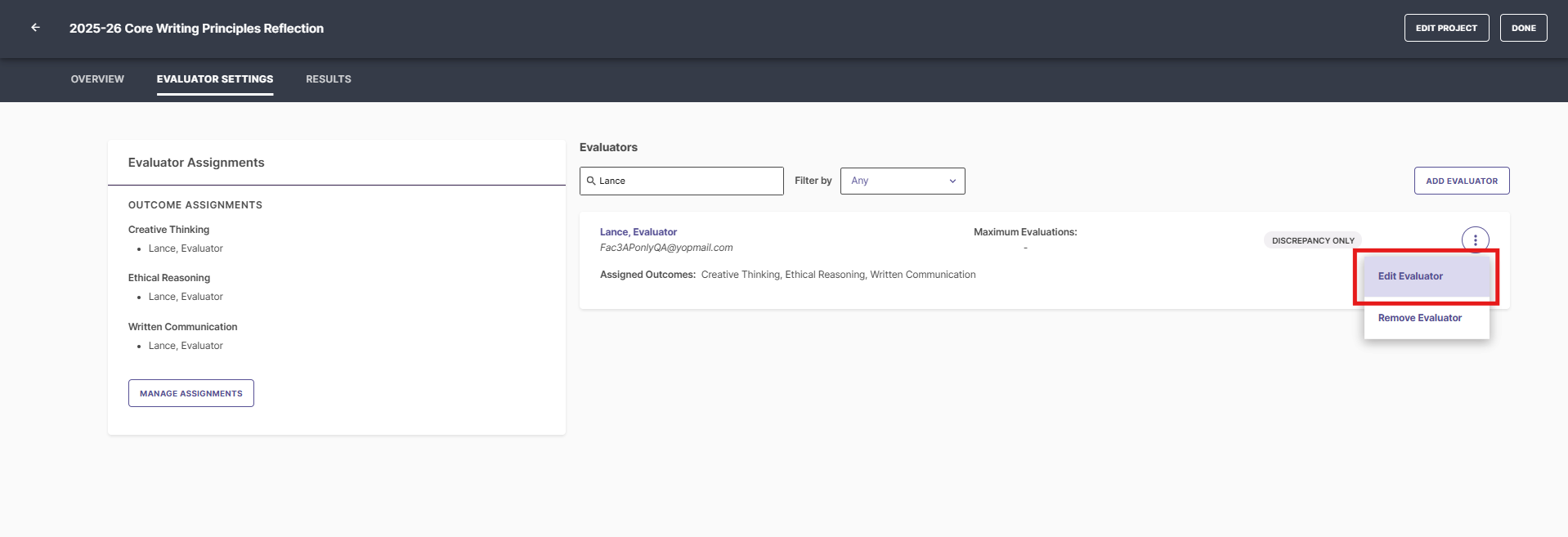 The Evaluator Settings page showing Outcome Assignments list with one evaluator assigned to all outcomes. Evaluators panel on the right shows a filtered evaluator card and an open actions menu displaying Edit Evaluator and Remove Evaluator. The Edit Evaluator option highlighted.