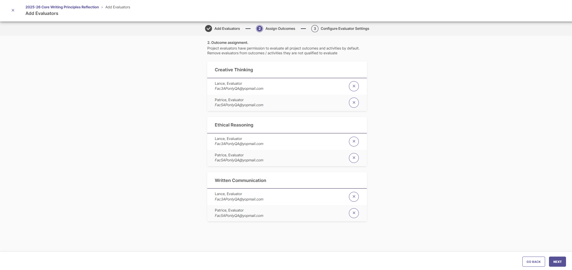 The Assign Outcomes step showing outcome groups Creative Thinking, Ethical Reasoning, and Written Communication. Each group lists assigned evaluators with remove buttons beside each name. Navigation bar shows steps Add Evaluators, Assign Outcomes, and Configure Evaluator Settings. Go Back and Next buttons appear at the bottom.