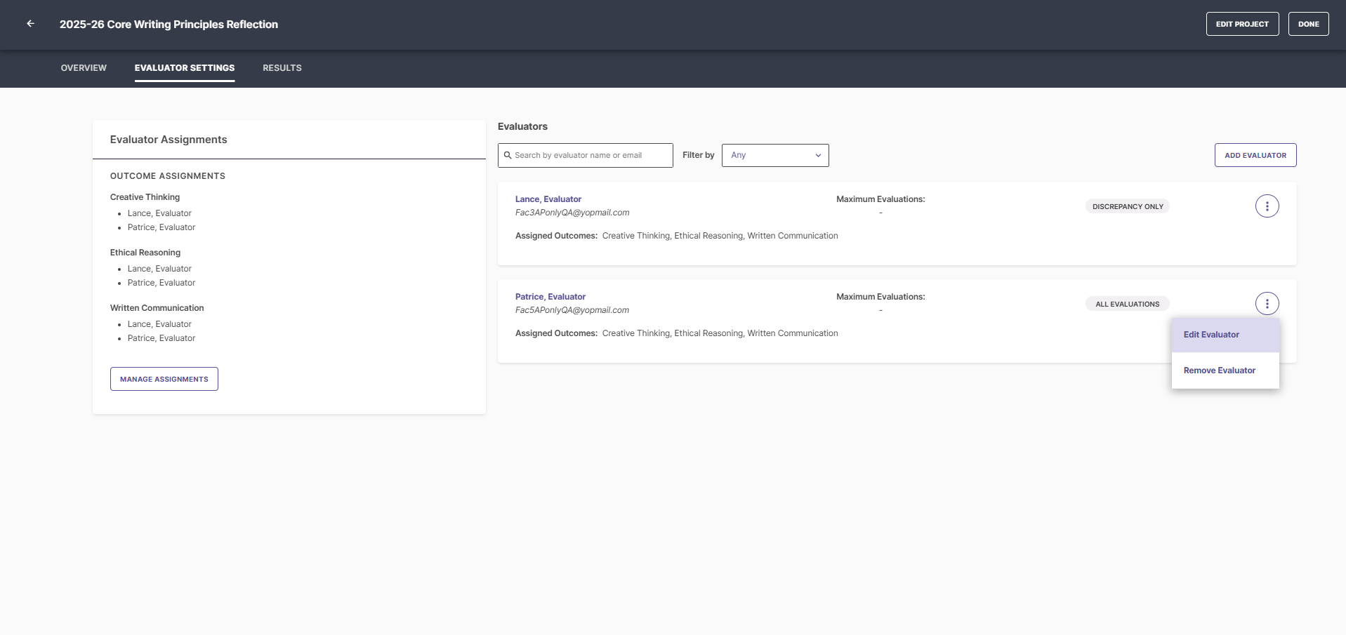 The Evaluator Settings page showing Outcome Assignments list with assigned evaluators under Creative Thinking, Ethical Reasoning, and Written Communication. Evaluators panel on the right showing search box, filter menu, and evaluator cards. Actions menu opens for one evaluator, displaying options Edit Evaluator and Remove Evaluator.