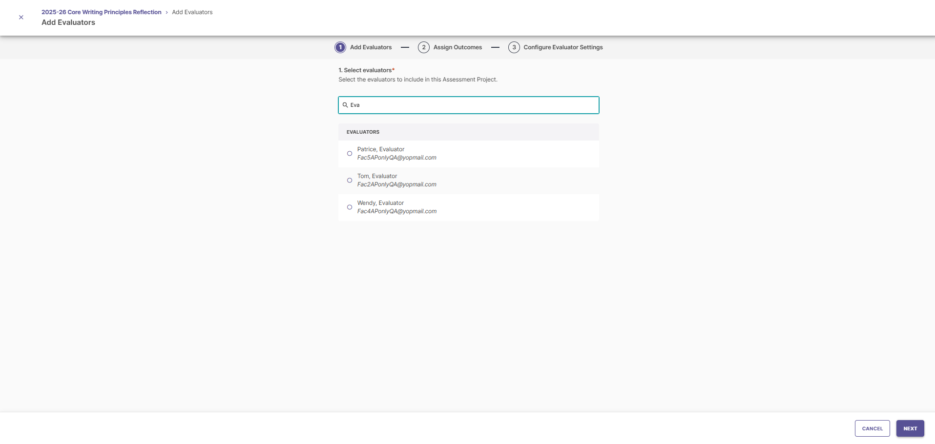 The Add Evaluators step showing search field with a typed query and a filtered list of evaluator names with radio buttons. Navigation bar displays steps Add Evaluators, Assign Outcomes, and Configure Evaluator Settings. Next and Cancel buttons appear at the bottom.