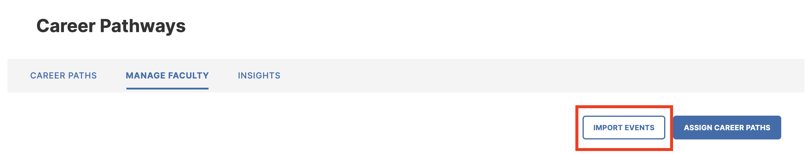 The Manage Faculty tab with the Import Events button highlighted.