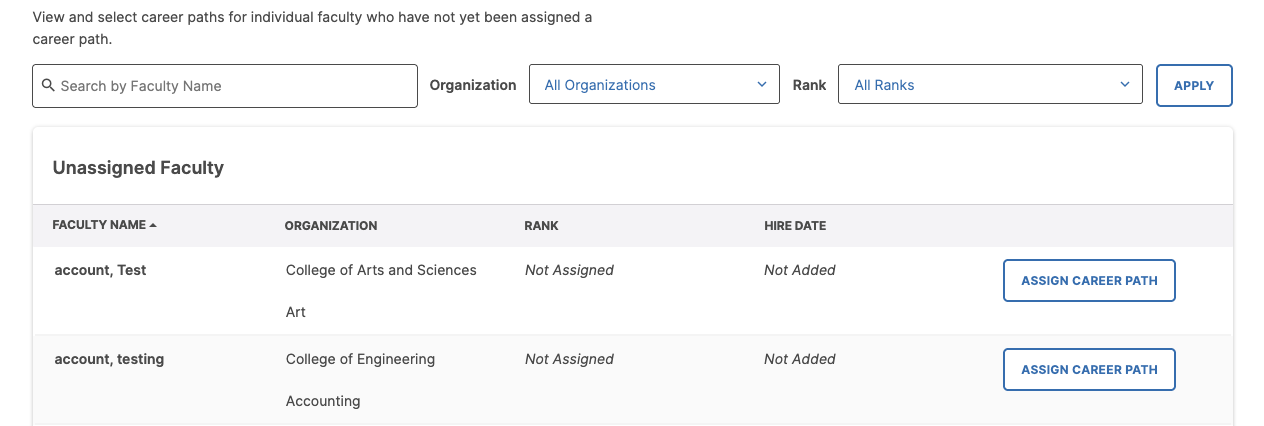 A Manage Faculty page showing filters for searching by faculty name, selecting an organization, and selecting a rank, along with an Apply option. An Unassigned Faculty section lists faculty entries with columns for faculty name, organization, rank, and hire date, each row including an option to assign a career path.