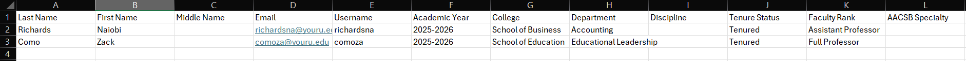 An excel table showing CSV headers and sample rows with faculty details.