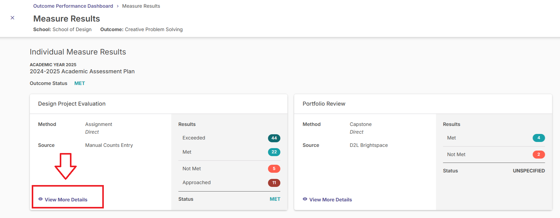 The Measure Results page showing the individual measure results and highlighting the 'View More Details' option.
