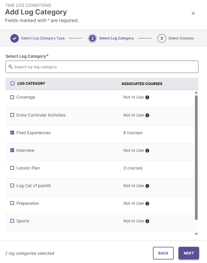 The Add Log Category page showing the 'Select Courses' step, with Select Log Category active and 'Field Experiences' and 'Interview' selected.