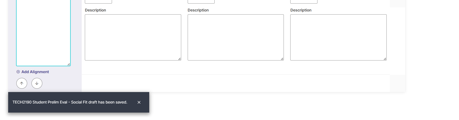 The confirmation message banner in its old placement at the bottom-left corner, hiding the Add Alignment button.