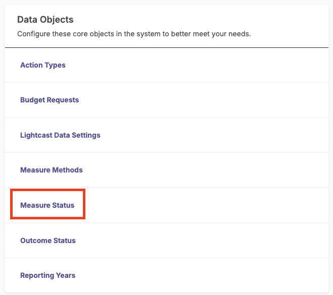 The Data Objects section showing a list of configuration items with the Measure Status option highlighted.