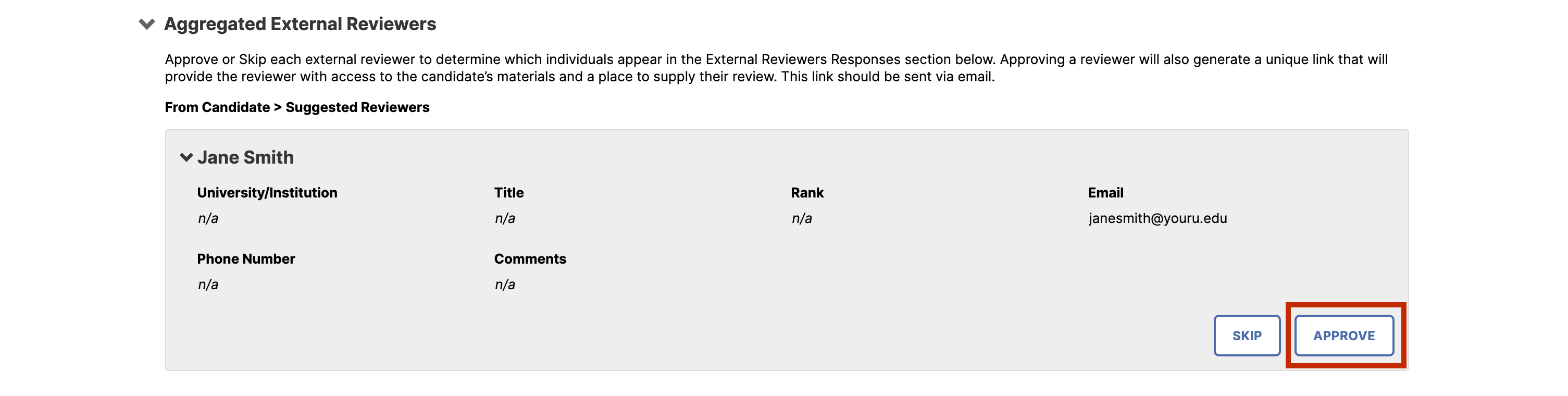 An aggregated external reviewers panel showing reviewer details for Jane Smith, including institution, title, rank, email, phone number, and comments, with Skip and Approve buttons, and the Approve button highlighted.