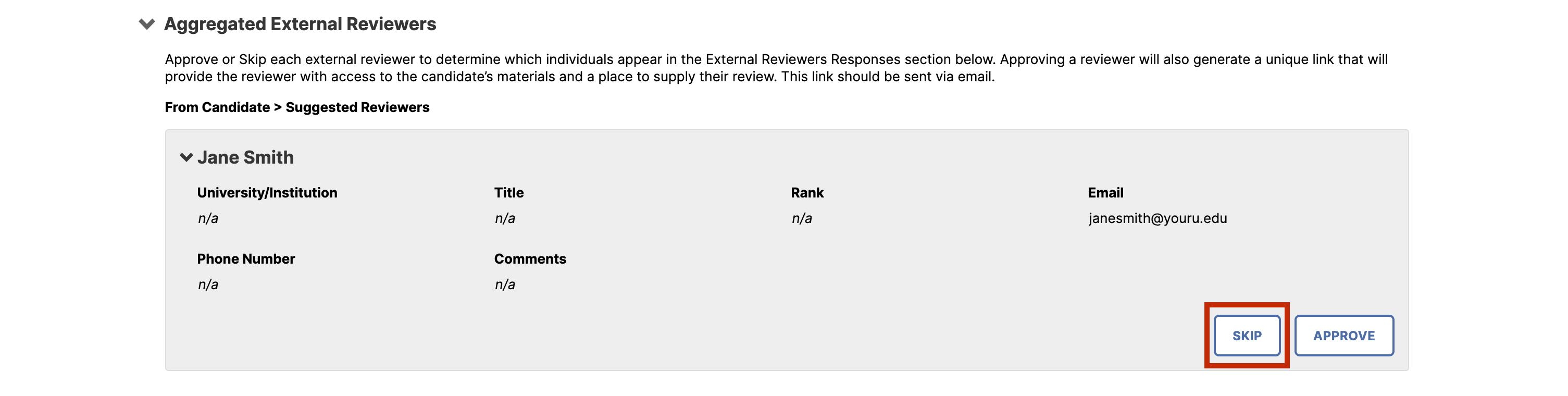 An aggregated external reviewers panel showing reviewer details for Jane Smith, including institution, title, rank, email, phone number, and comments, with Skip and Approve buttons, and the Skip button highlighted.