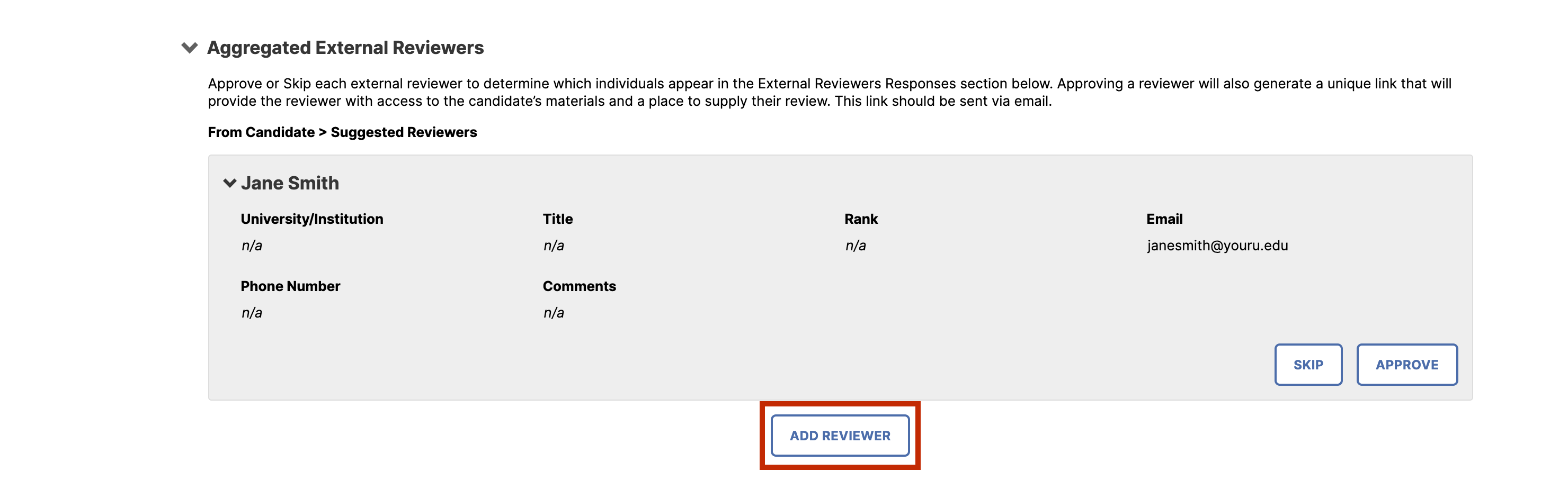 An aggregated external reviewers panel showing reviewer details for Jane Smith, including institution, title, rank, email, phone number, and comments, with Skip and Approve buttons, and the Add Reviewer button highlighted.