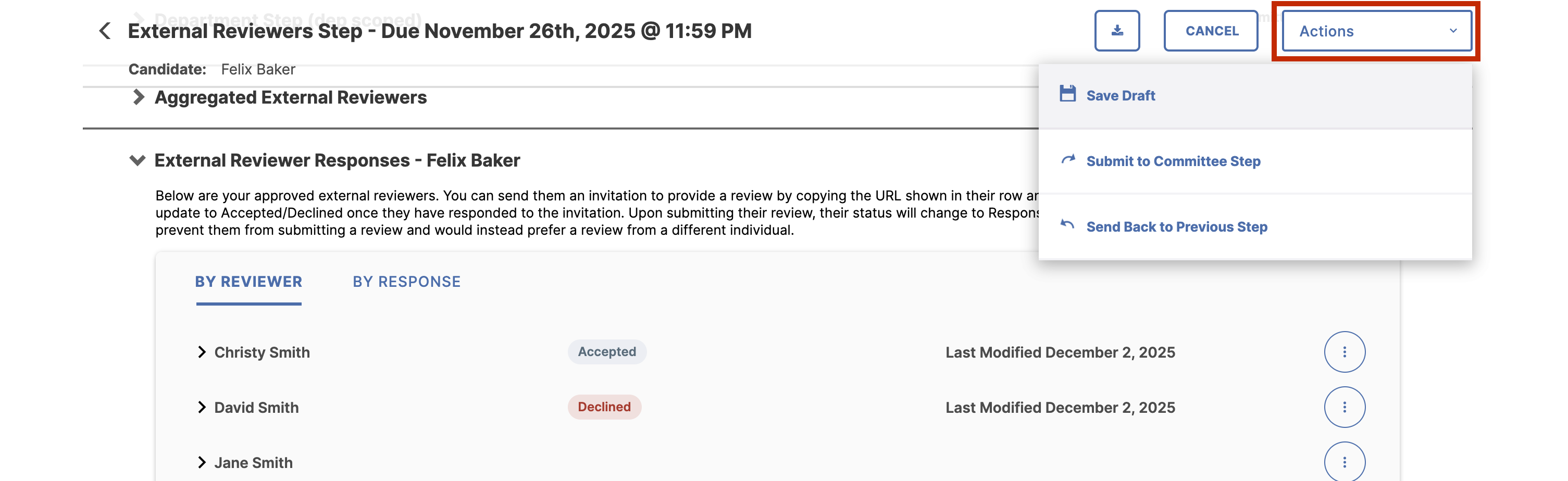 An external reviewers step page showing the reviewer responses section for Felix Baker, with reviewer names, response statuses, and last modified dates, and an open Actions menu highlighted with options to Save Draft, Submit to Committee Step, and Send Back to Previous Step.