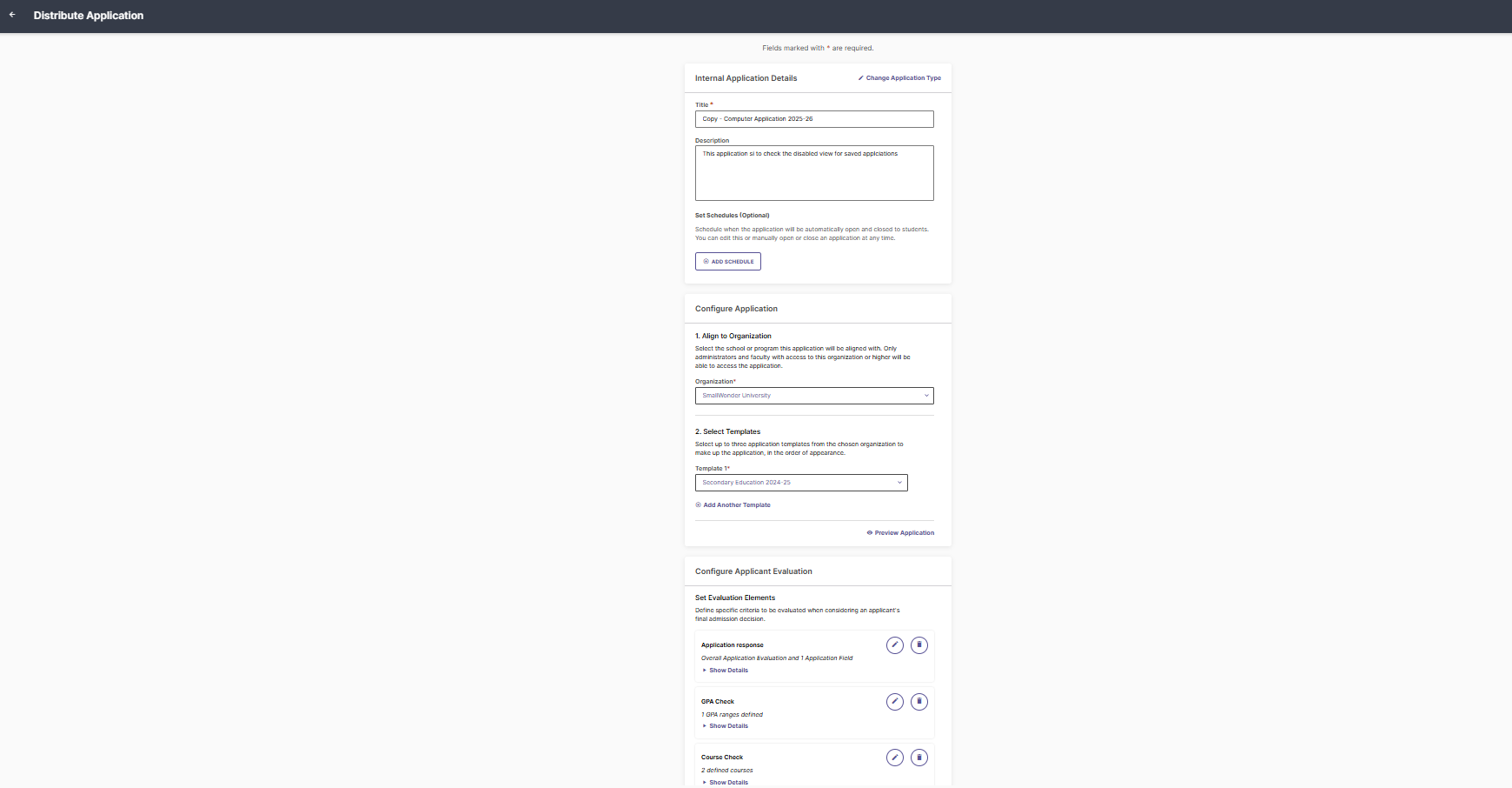 The application distribution page showing configuration sections for internal application details, template selection, and applicant evaluation settings, all displayed in a long scrolling layout.