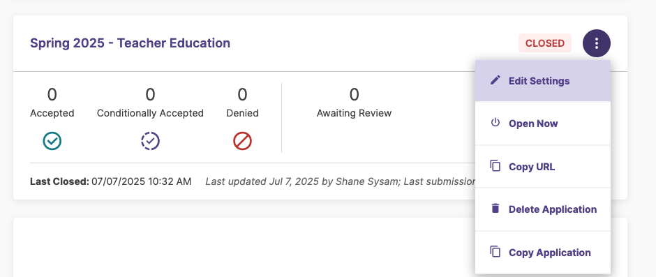 The Options menu for an External Application.