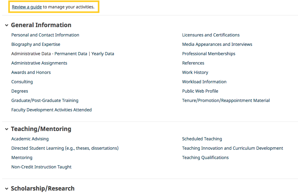 The Activities menu page showing a link labeled ‘Review a guide to manage your activities’ highlighted above category sections listing activity types such as General Information, Teaching/Mentoring, and Scholarship/Research.