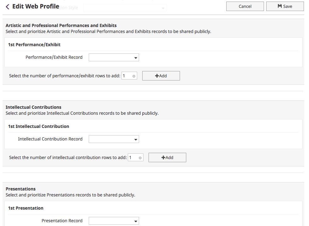 The Edit Web Profile page showing sections for Artistic and Professional performances and Exhibits, intellectual contributions, and presentations, each with a dropdown to choose a record, a field to set the number of rows to add, and an Add button, with Cancel and Save buttons at the top-right corner.