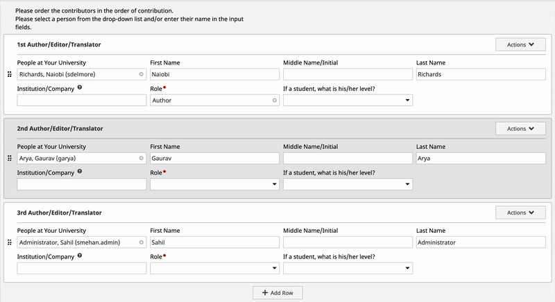 A contributor entry form showing ordered fields for 1st, 2nd, and 3rd author or editor or translator, with icon clicking on the left hand icon and dragging the sections to the desired location.