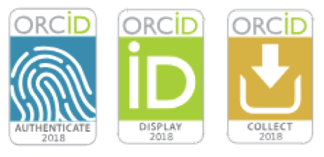 The Three ORCID badges: Authenticate 2018 badge with fingerprint symbol, Display 2018 badge with ID symbol, and Collect 2018 badge with download arrow symbol.
