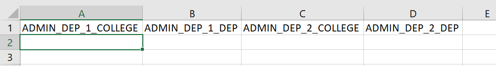 The spreadsheet view showing column headers labeled for administrative department and college identifiers across the first row.