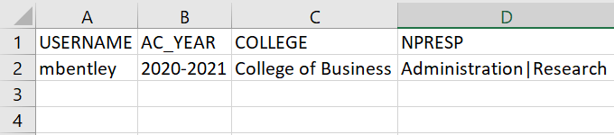 The spreadsheet showing columns for username, academic year, college, and NPRESP with one populated data row.