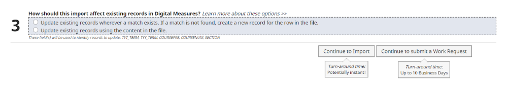 The Step 3 showing options for updating existing records in Digital Measures with two radio buttons, one for updating records and creating new ones if no match exists, and one for updating records using file content; Continue to Import button and Continue to Submit a Work Request button with turnaround time notes displayed.