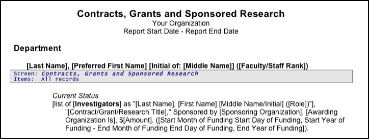 The Contracts, Grants and Sponsored Research report page showing department section with placeholders for names, roles, contract title, sponsoring organization, awarding organization, amount, and funding date range.