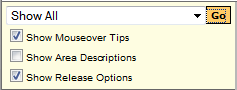 A display settings section showing a dropdown menu set to ‘Show All,’ along with options to show mouseover tips, show area descriptions, and show release options, each with a selectable checkbox. The section includes a highlighted Go button.