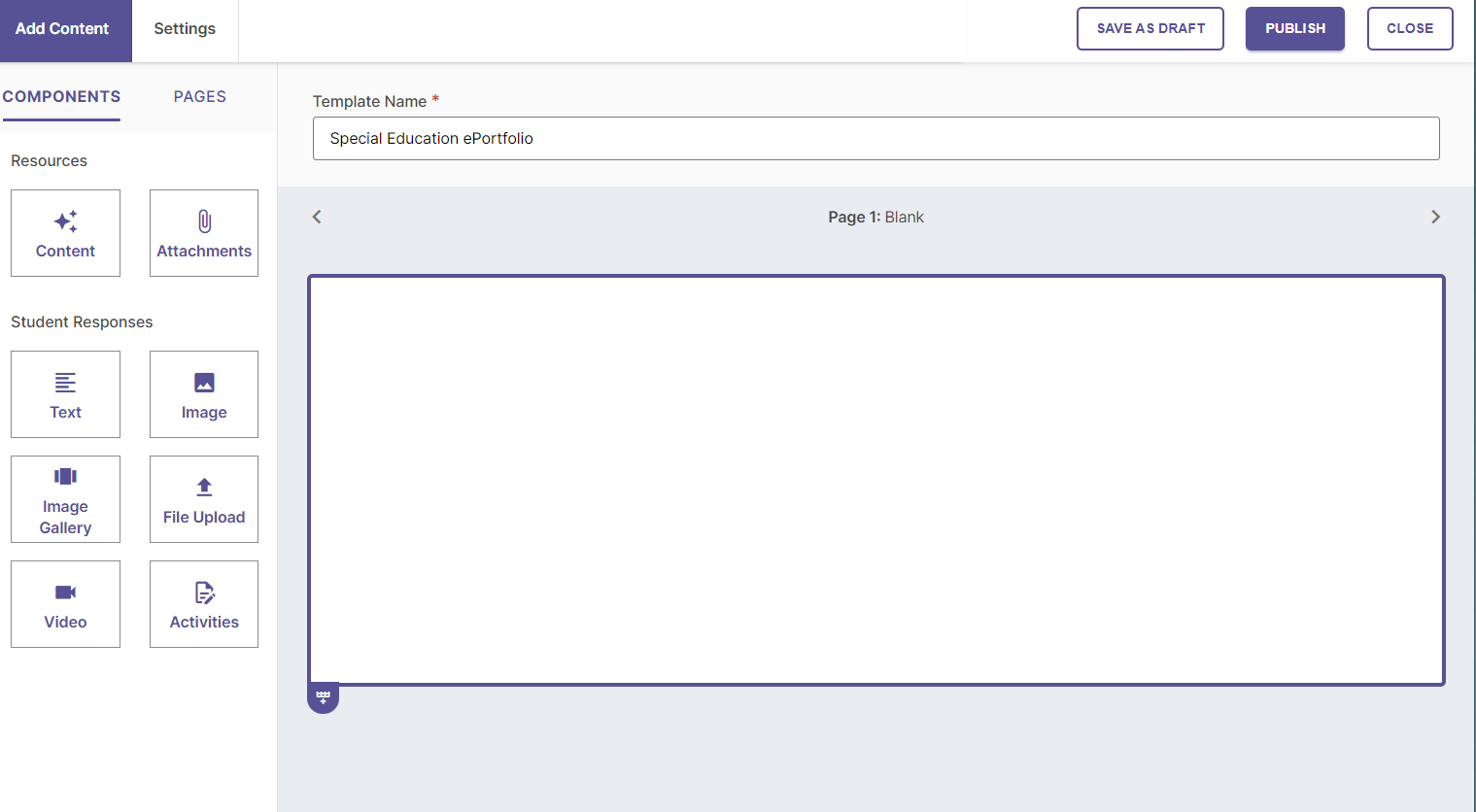 Screenshot of the ePortfolio template builder screen, showing the Add Content tab, building tools on the left, and a blank content area on the right.