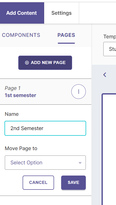 Screenshot of the pages category in the template builder, showing options to add, rename, and reorder pages.